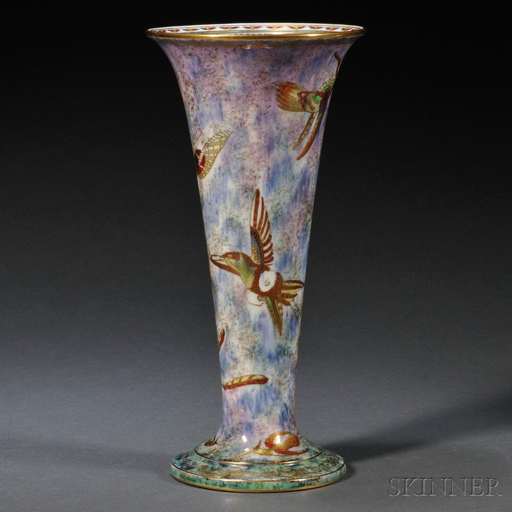 Appraisal: Wedgwood Hummingbird Lustre Trumpet Vase England c mottled blue pink