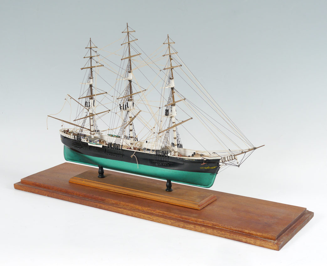 Appraisal: TRIPLE MAST SCHOONER SHIP'S MODEL IN CASE Unidentified hand crafted