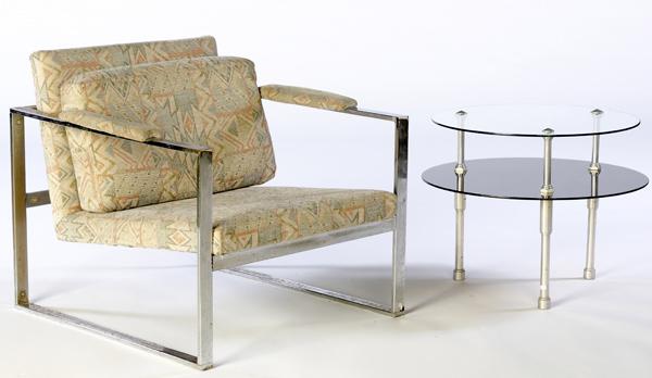 Appraisal: MODERN Chromed steel lounge chair with upholstered cushions along with