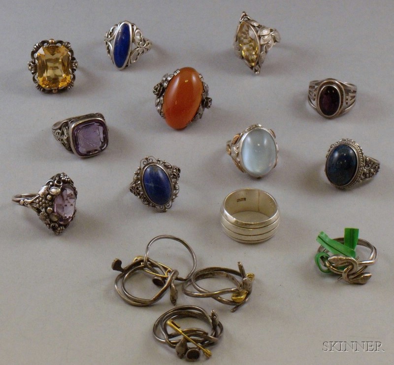 Appraisal: Ten Silver and Stone-inset Rings a Mexican Silver Band and