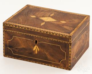 Appraisal: New England Federal inlaid mahogany tea caddy Hide covered lock