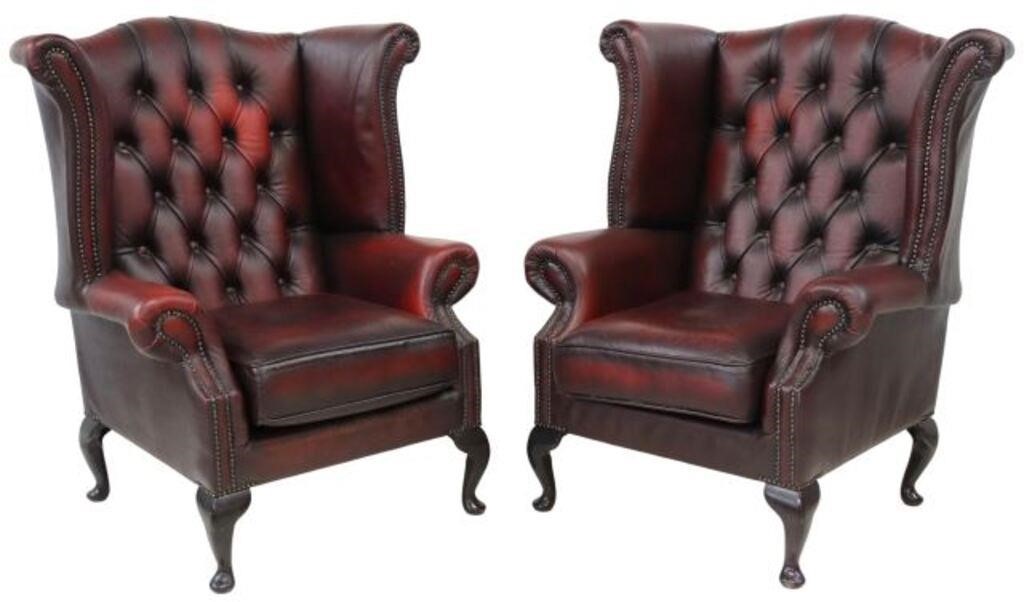 Appraisal: pair Queen Anne Style wingback armchairs late th c in