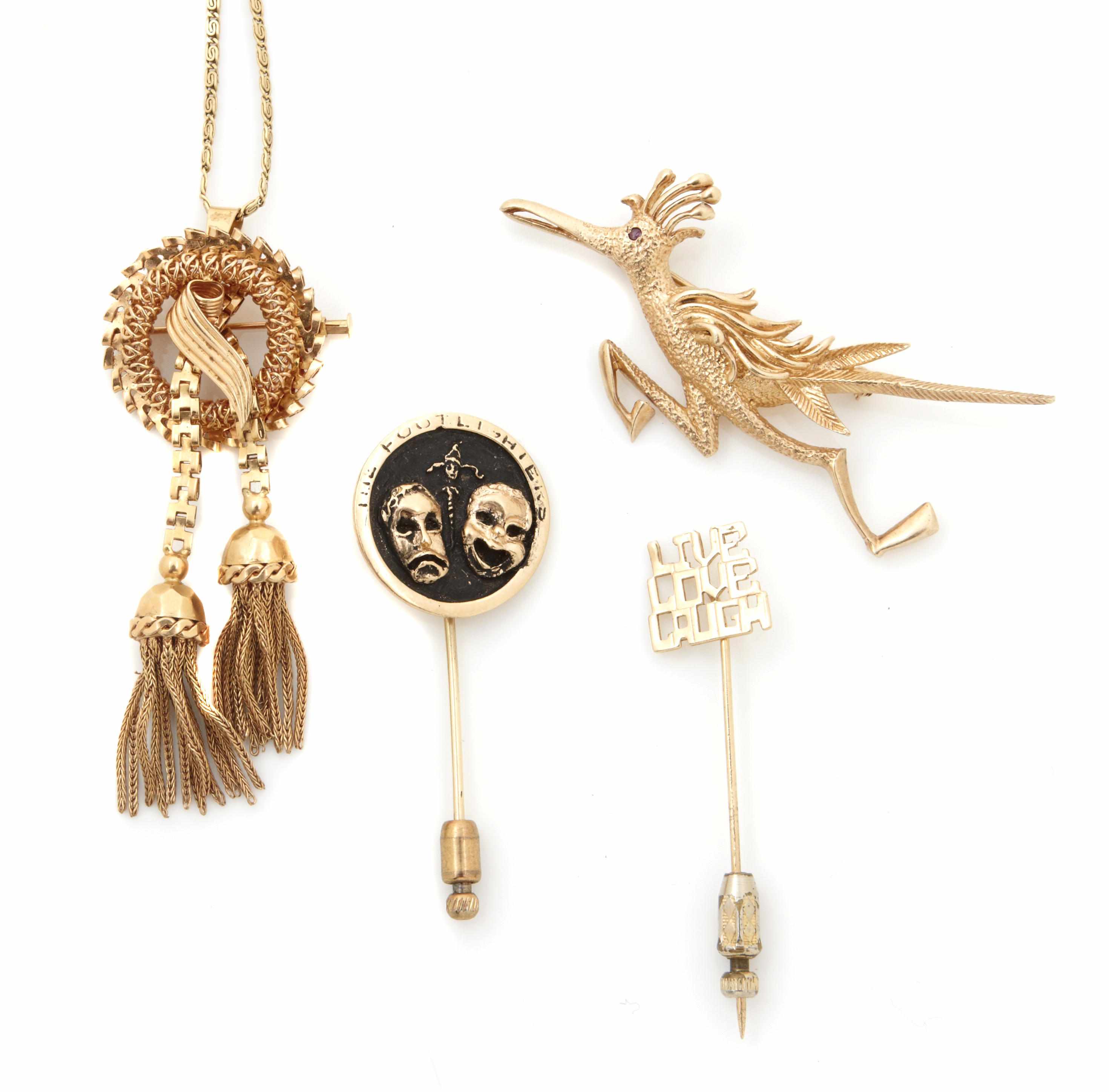 Appraisal: A collection of gold jewelry comprising stick pins two brooches