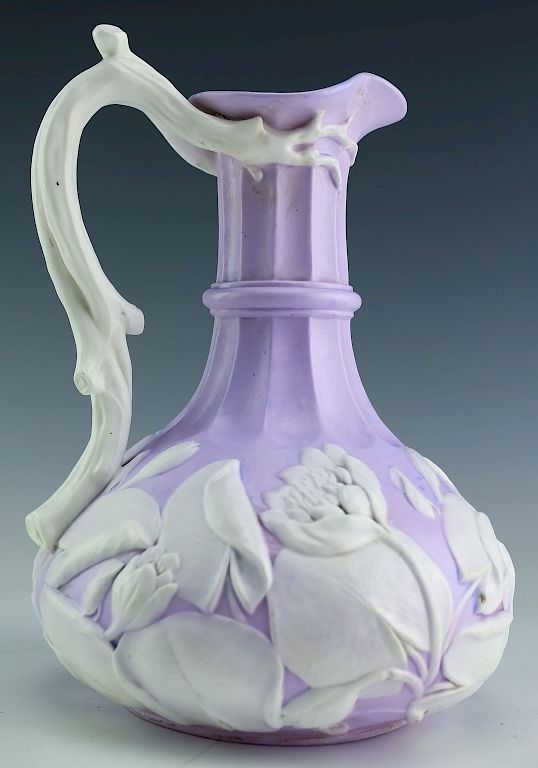 Appraisal: Antique Porcelain Lavender Purple Floral Cameo Jug Antique porcelain ewer