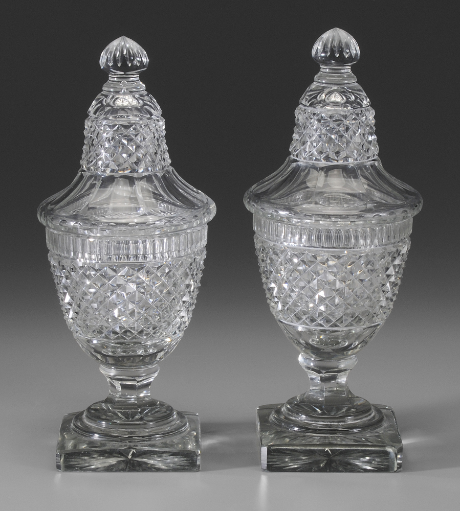 Appraisal: Pair Cut Glass Urns British or Continental th century diamond