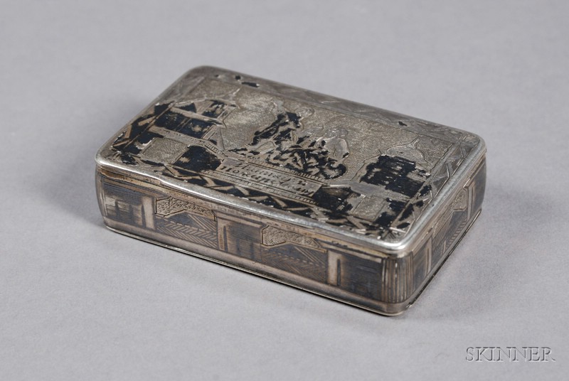 Appraisal: Russian Silver Niello Snuff Box Moscow c rectangular niello decoration