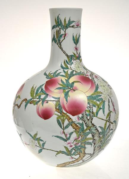 Appraisal: LARGE CHINESE ENAMELLED FAMILLE ROSE BOTTLE VASE WITH PEACH AND