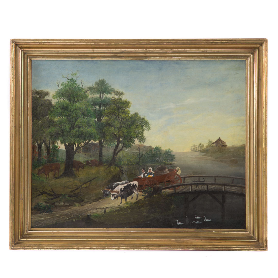 Appraisal: American School th c Primitive Country Scene oil on canvas