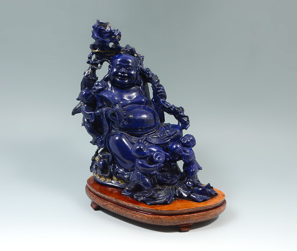 Appraisal: CARVED LAPIS LAUGHING BUDDHA FIGURAL GROUP Carved lapis lazuli or