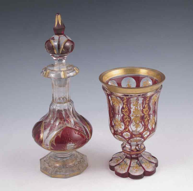 Appraisal: EARLY BOHEMIAN GILT DECORATED RUBY GLASS AND GOLD FLACON AND