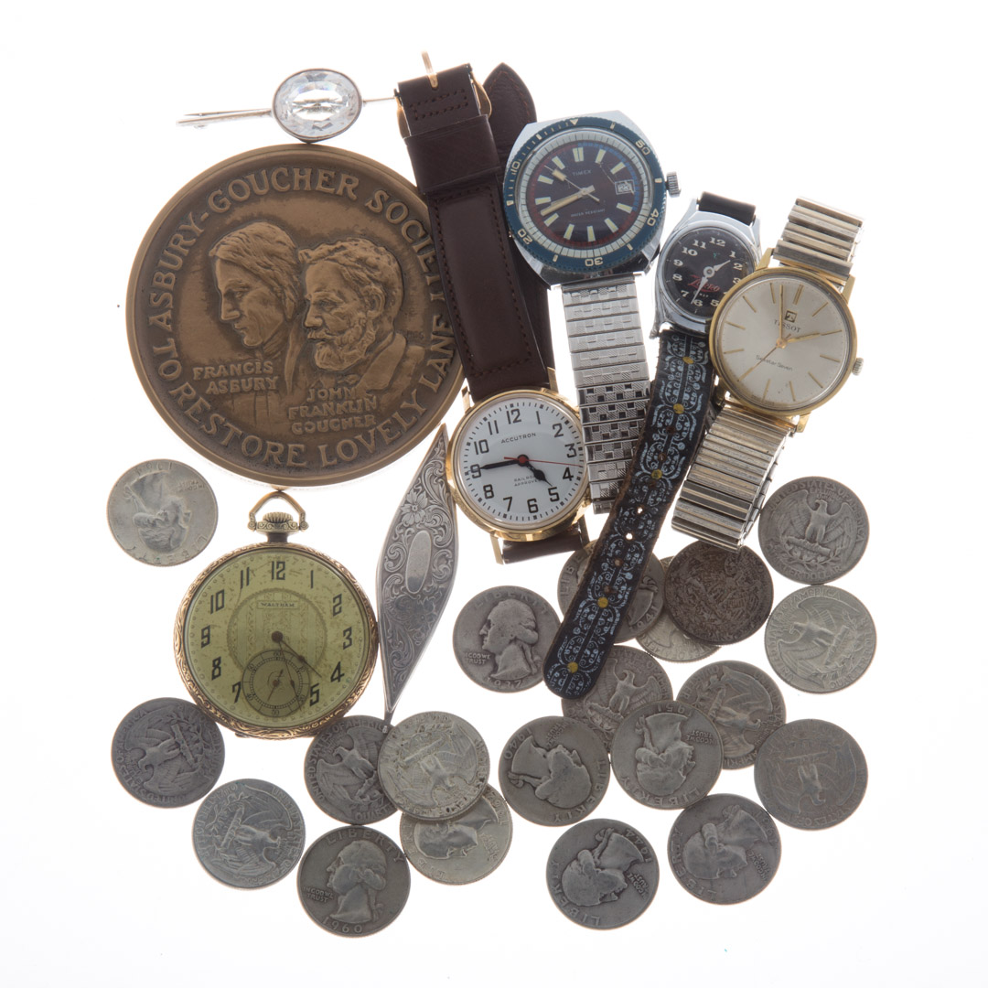 Appraisal: Assorted items including four watches silver jewelry pocket watch Goucher