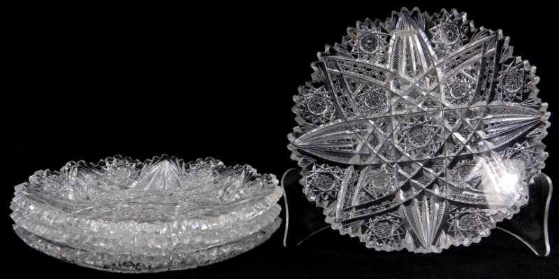 Appraisal: Set of Four Cut Glass Dessert Platespalm and diamond pattern