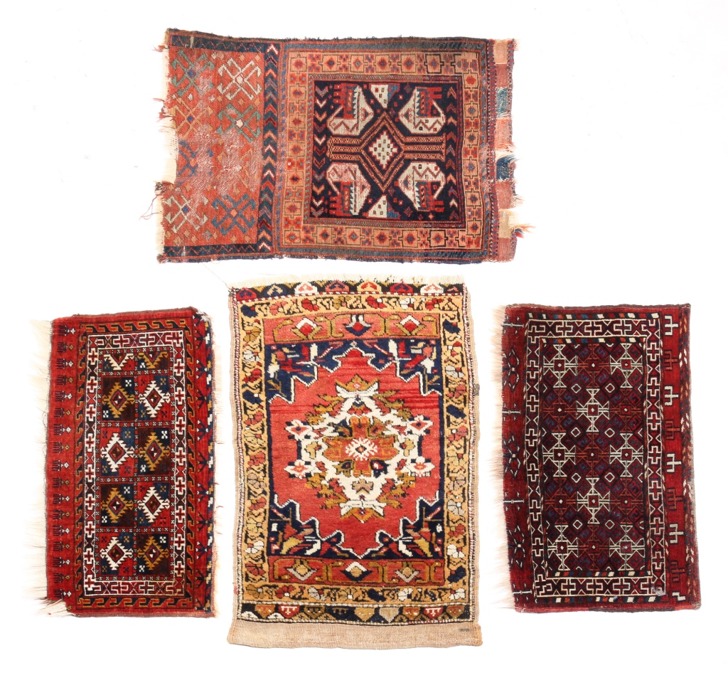 Appraisal: FOUR ORIENTAL BAG FACES AND MATS Mid th century Caucasian