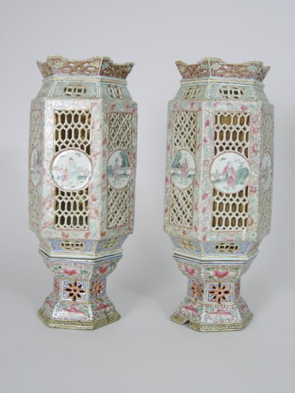 Appraisal: Pair of th Century Chinese hexagonal reticulated Lanterns with famille