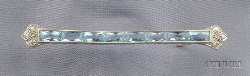 Appraisal: Art Deco Platinum and Aquamarine Bar Pin set with fancy-cut