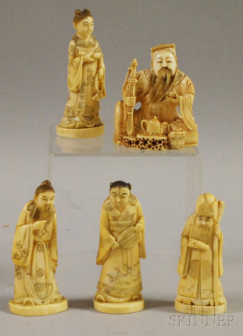 Appraisal: Five Asian Carved Ivory Figures including a geisha two scholars