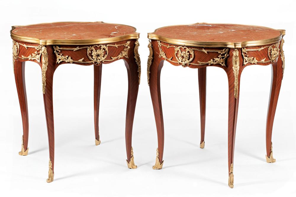 Appraisal: Pair of Louis XV-Style Bronze-Mounted Kingwood Gu ridons shaped inset