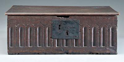 Appraisal: English oak bible box single-board top with shaped iron strap