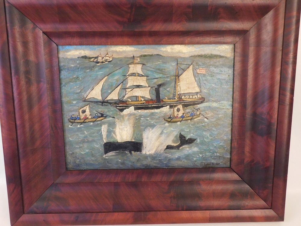 Appraisal: WHALING IN SOUTH SEAS PAINTING BY JOY Primitive oil seascape