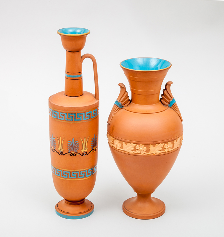 Appraisal: WATCOMBE TORQUAY VASE AND EWER Decorated and glazed terracotta transfer-printed