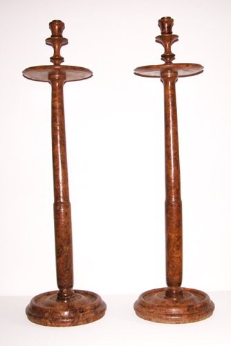 Appraisal: Title Pair English Burl Walnut Candlesticks Date c Medium walnut