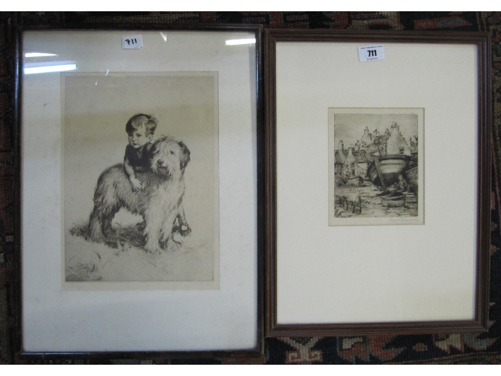 Appraisal: Etching of a boy and dog by J H Dowd