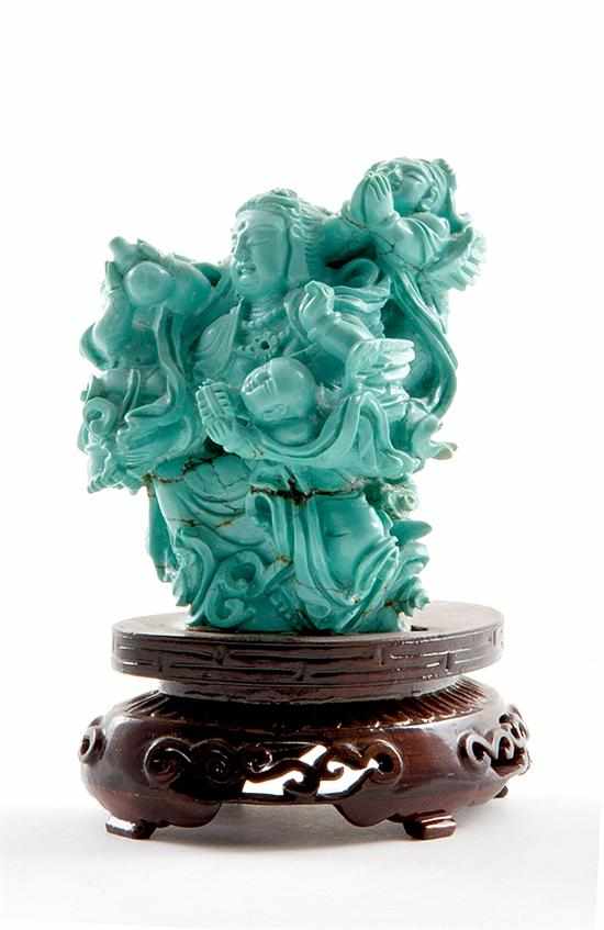 Appraisal: Chinese carved turquoise statuette intricately carved stone figural group depicting