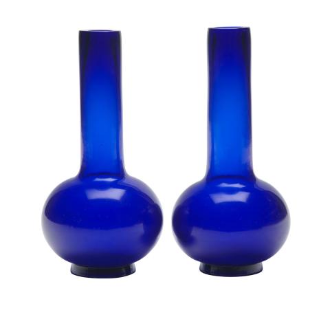 Appraisal: Pair of Blue Peking Glass Bottle Vases Qianlong Mark th