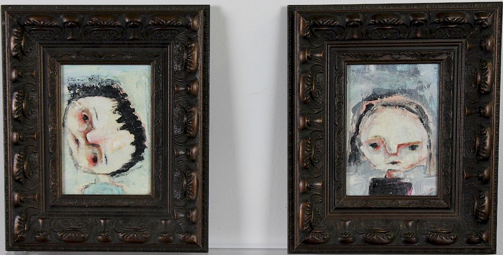 Appraisal: Pair Artist Signed Surreal Portrait Oil Painting Pair of artist