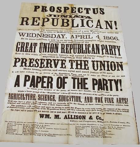 Appraisal: Broadside titled Prospectus of the Juniata Republican announcing the beginning