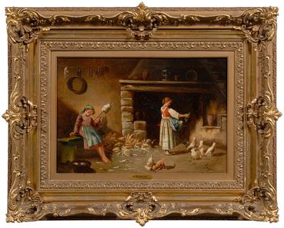 Appraisal: Painting signed V Falero Feeding the Chickens two girls doing