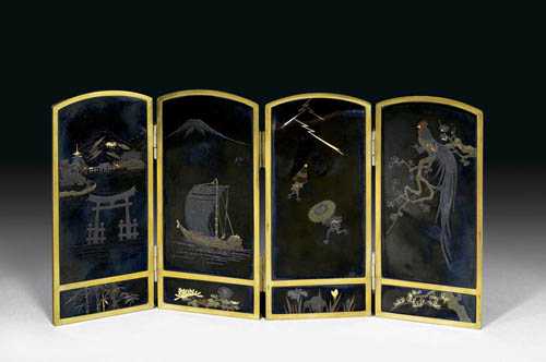 Appraisal: FINE MINIATURE FOLDING SCREEN of metal Gilded frame and back