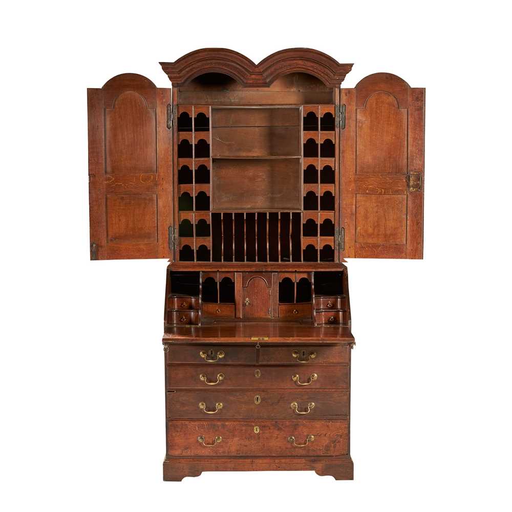 Appraisal: GEORGE I OAK DOUBLE DOME BUREAU BOOKCASE EARLY TH CENTURY