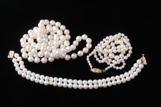 Appraisal: TWO CULTURED WHITE PEARL NECKLACES AND A BRACELET in end-less