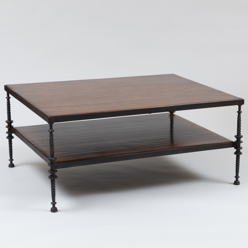 Appraisal: Wrought-Iron and Stained Walnut Two Tier Low Table x in