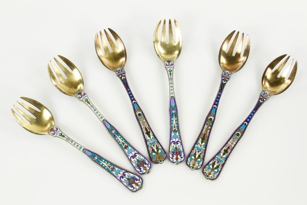 Appraisal: - Russian Enamel Silver Dessert Forks Russian enamel silver dessert