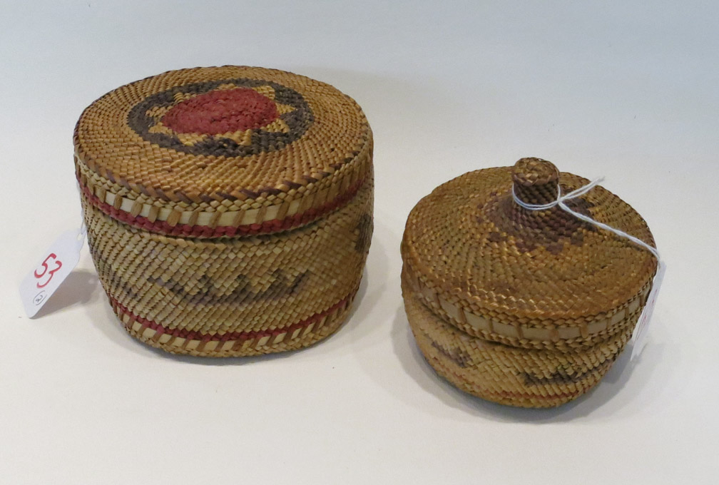 Appraisal: TWO NORTHWEST NATIVE AMERICAN COVERED BASKETS attributed to the Makah