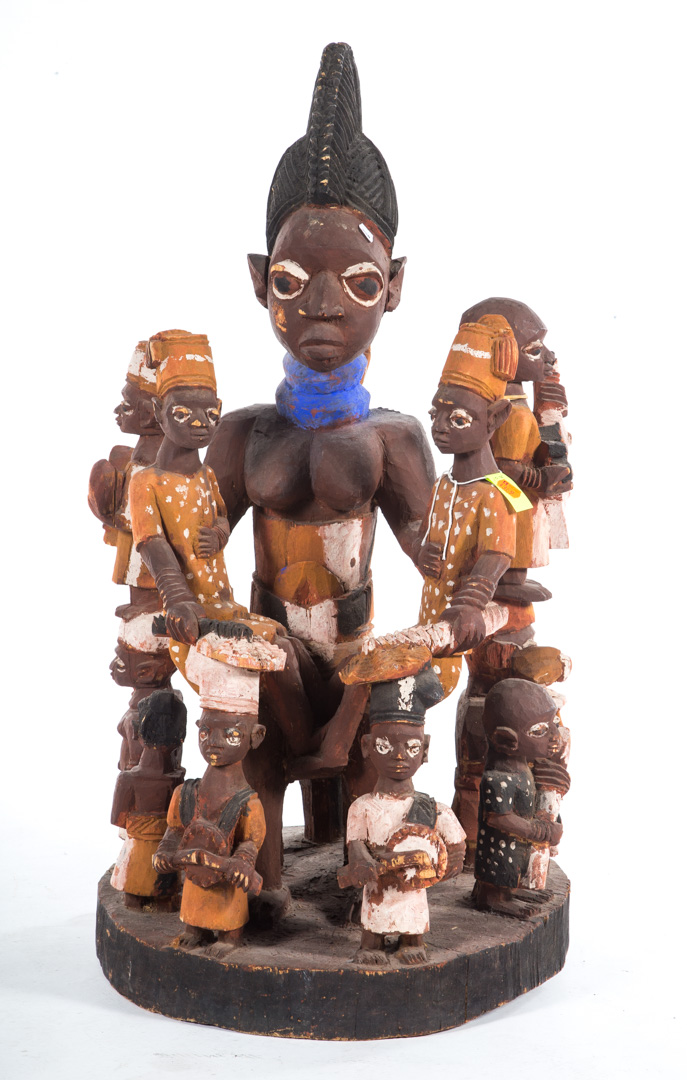 Appraisal: Yoruba carved polychrome wood ancestral group large female figure with