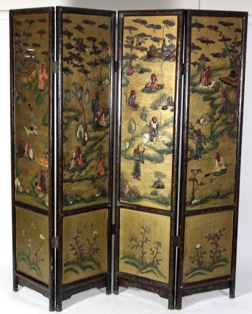 Appraisal: A Japanese four fold screen set with stone figures with