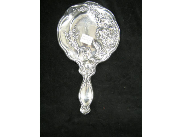 Appraisal: Sterling Silver Hand Mirror Art Noureau floral