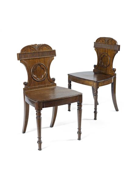 Appraisal: NEAR PAIR OF EARLY VICTORIAN MAHOGANY HALL CHAIRS ALTERATION CIRCA