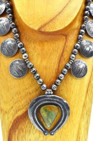 Appraisal: Native American silver content unknown squash blossom necklace bench bead