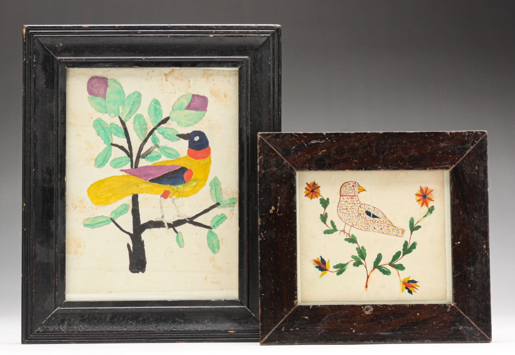 Appraisal: TWO AMERICAN FOLKSY BIRD PAINTINGS Mid th century watercolor on