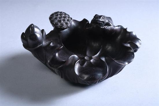 Appraisal: CHINESE ZITAN BRUSH WASHER Carved to depict frog lotus flower