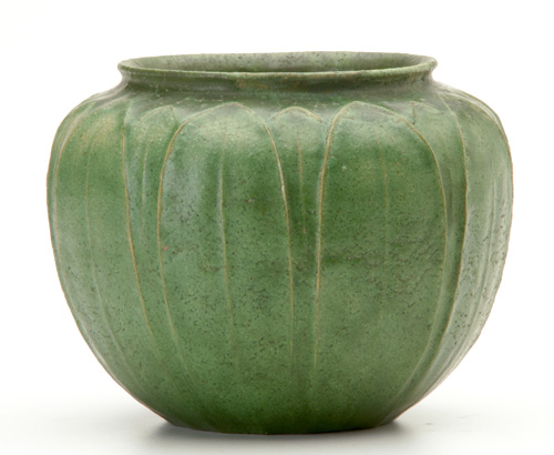 Appraisal: GRUEBY Squash-shaped vessel with two rows of applied leaves under