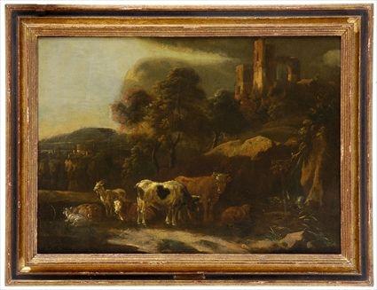 Appraisal: MANNER OF MICHAEL CARREE ANIMALS GRAZING BY RUINS Oil on