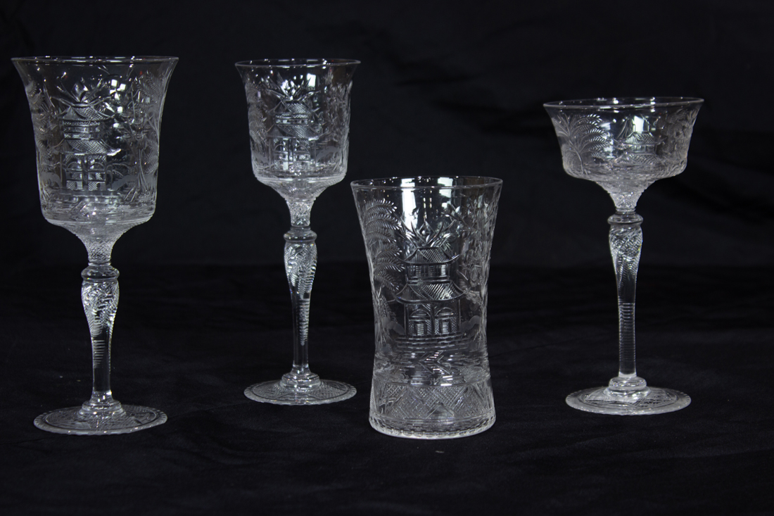 Appraisal: LOT OF A SUITE OF CHINOISERIE CUT AND ENGRAVED GLASS