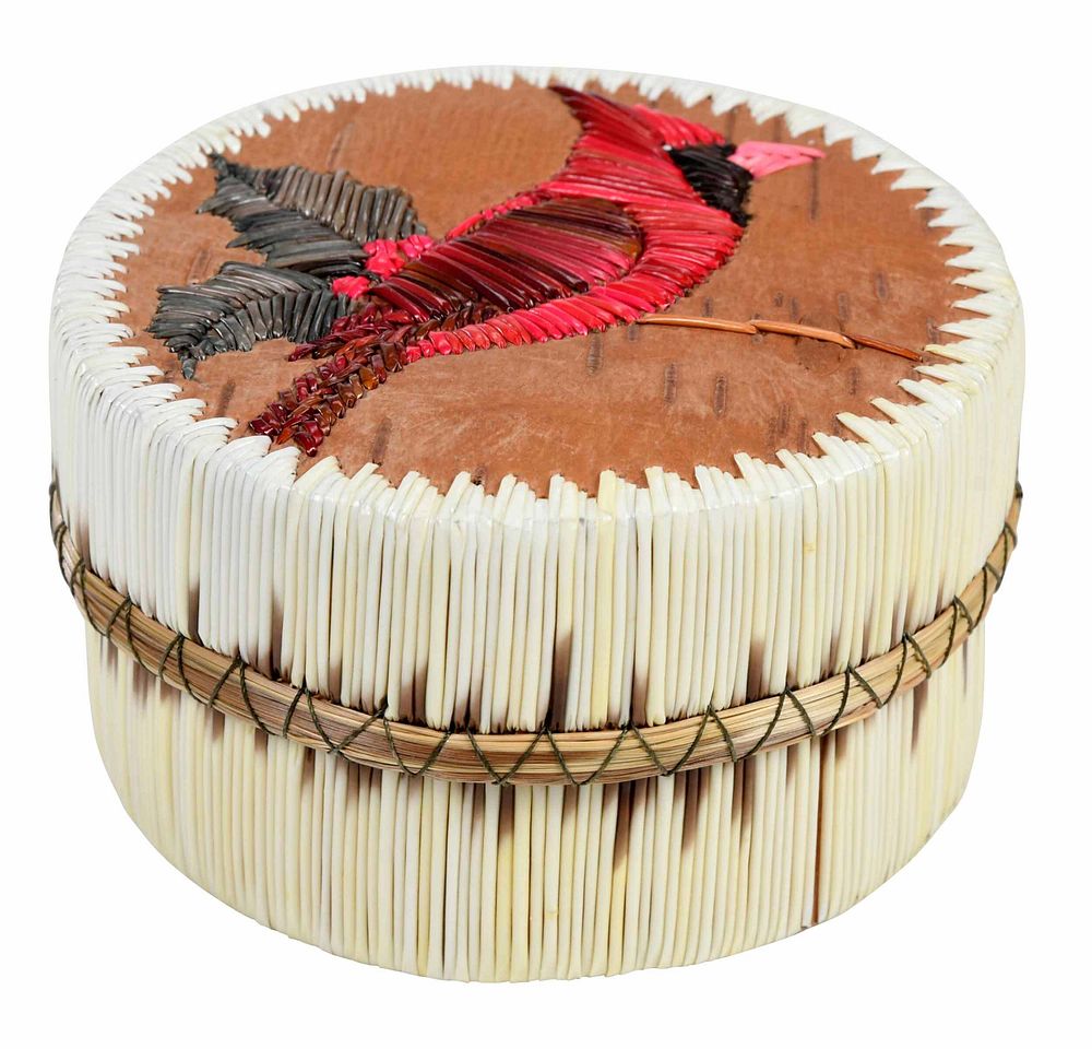 Appraisal: Lidded Porcupine Quill Basket cardinal decoration birch bark and quill