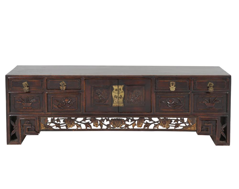 Appraisal: CHINESE CARVED WOOD CABINEThaving four drawers and a pair of