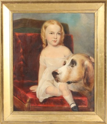 Appraisal: Blonde haired child seated on red velvet chair with dog